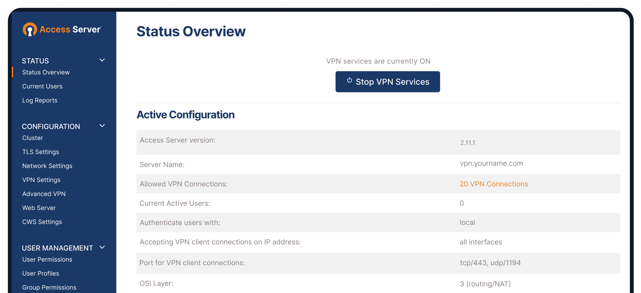 screenshot of OpenVPN Access Server